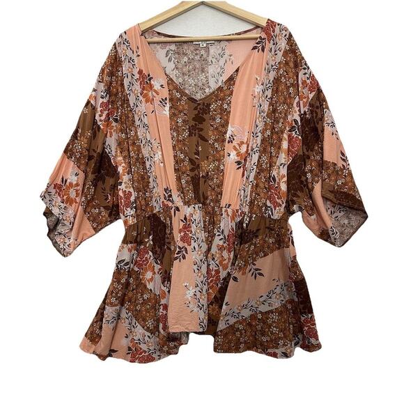 Andree By Unit Babydoll Top Womens 3X Floral Patchwork Cottage Boho Country - Picture 1 of 12